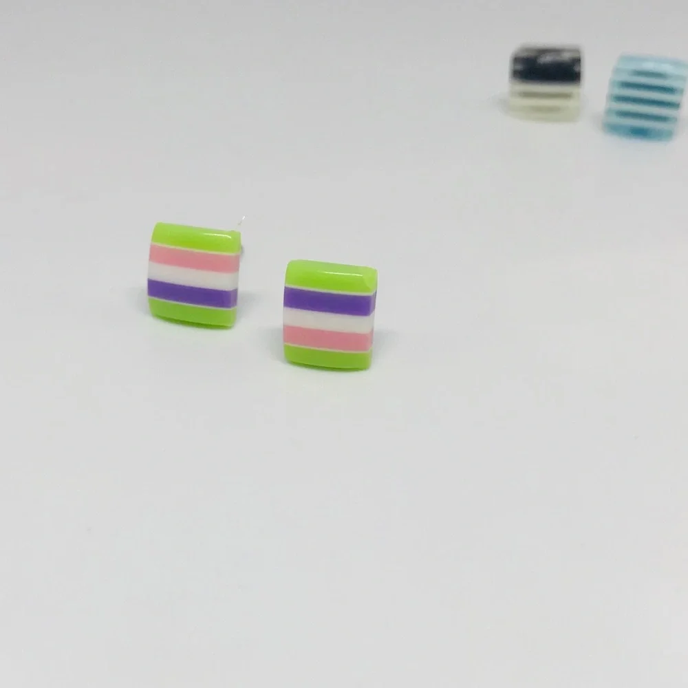 Multi Color Minimalist Repurposed Vintage Striped Bead Stud Earrings